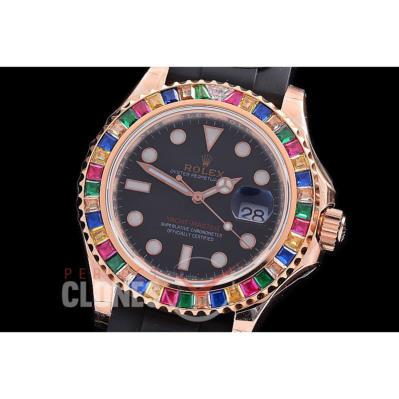 RYMENR00007WD KF 18K Rose Gold Thick Wrapped 126695SATS Yachtmaster Everose/Gem Set Rainbow Bez Men RG/RU Black VR 3235 - Extra Weighted 